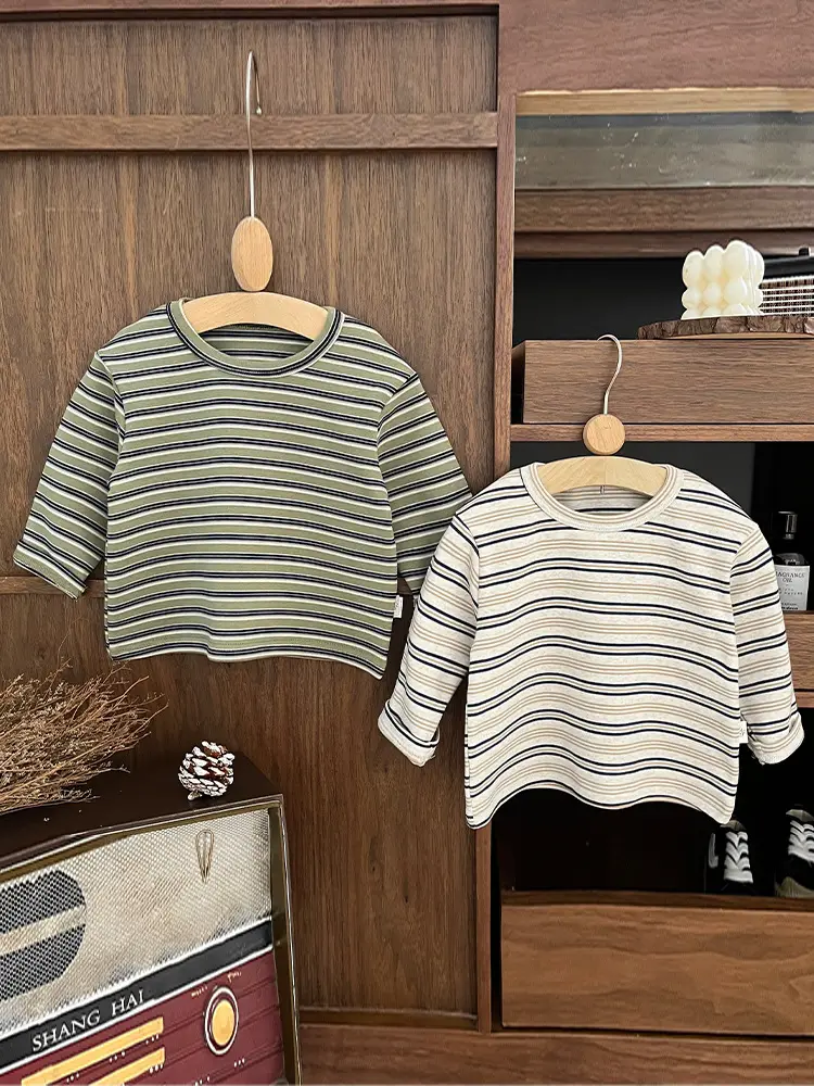 Boys Striped Long Sleeve T-Shirt Cotton Beige Black - Image 4