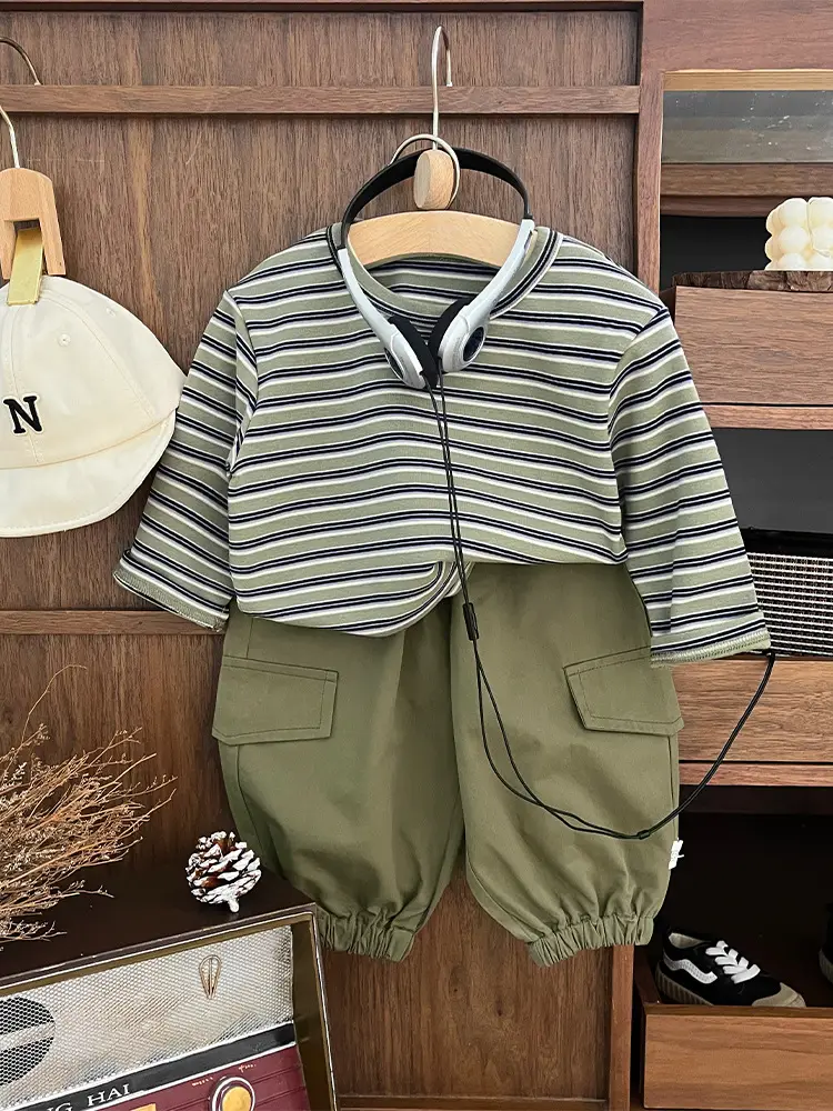 Boys Striped Long Sleeve T-Shirt Cotton Beige Black - Image 5