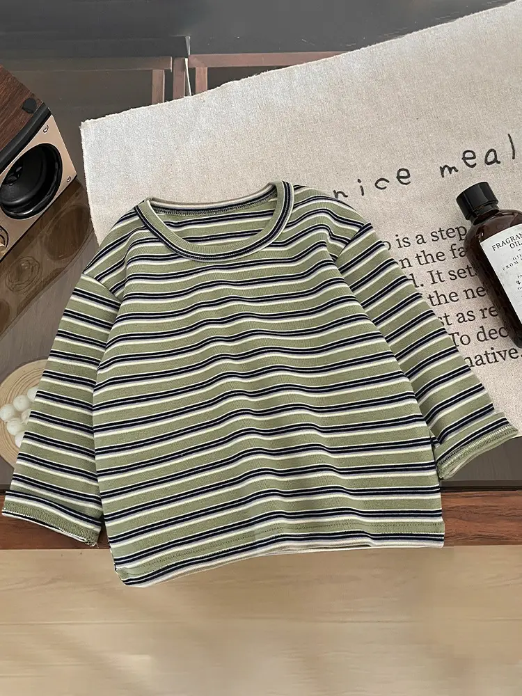 Boys Striped Long Sleeve T-Shirt Cotton Beige Black - Image 6