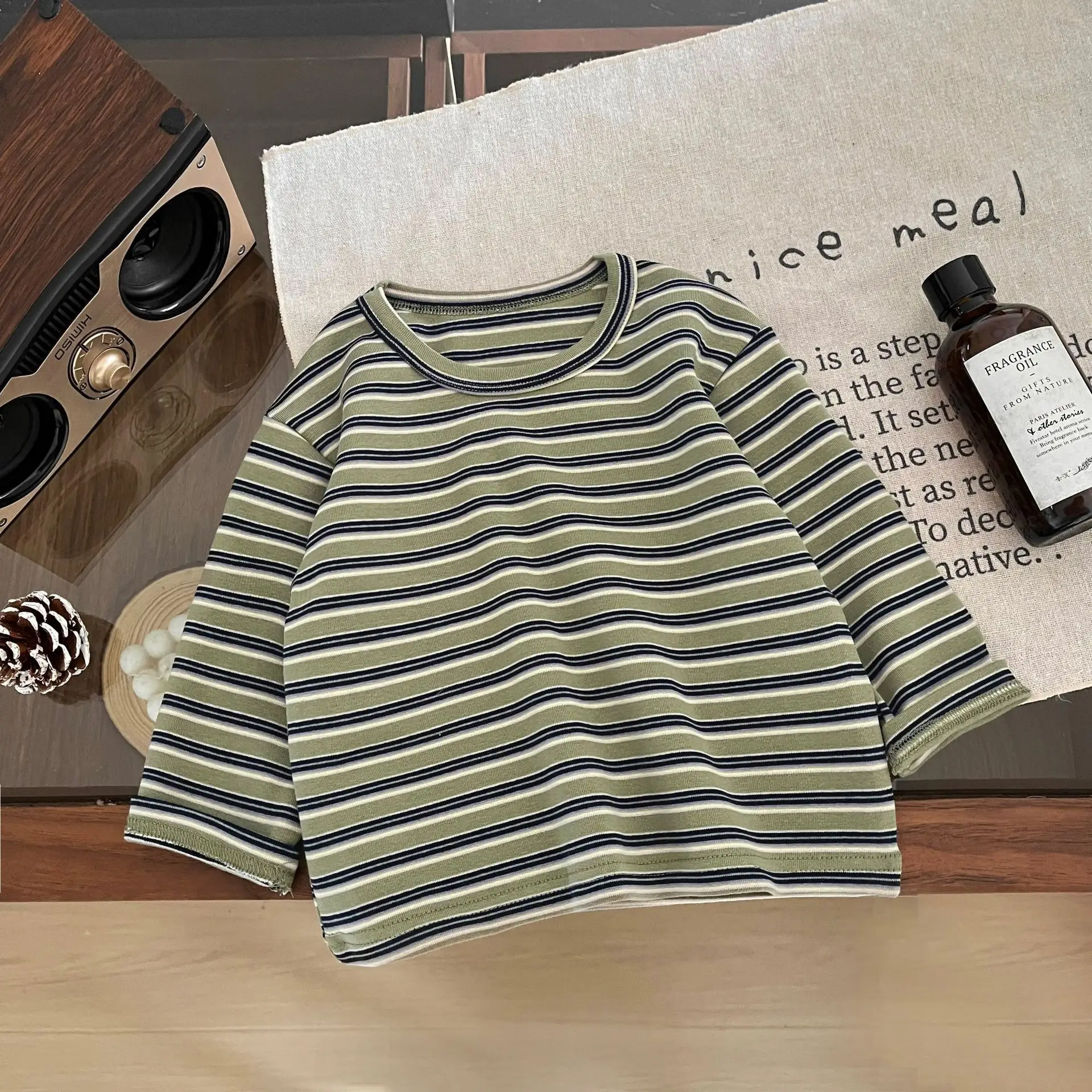 Boys Striped Long Sleeve T-Shirt Cotton Beige Black - Image 2