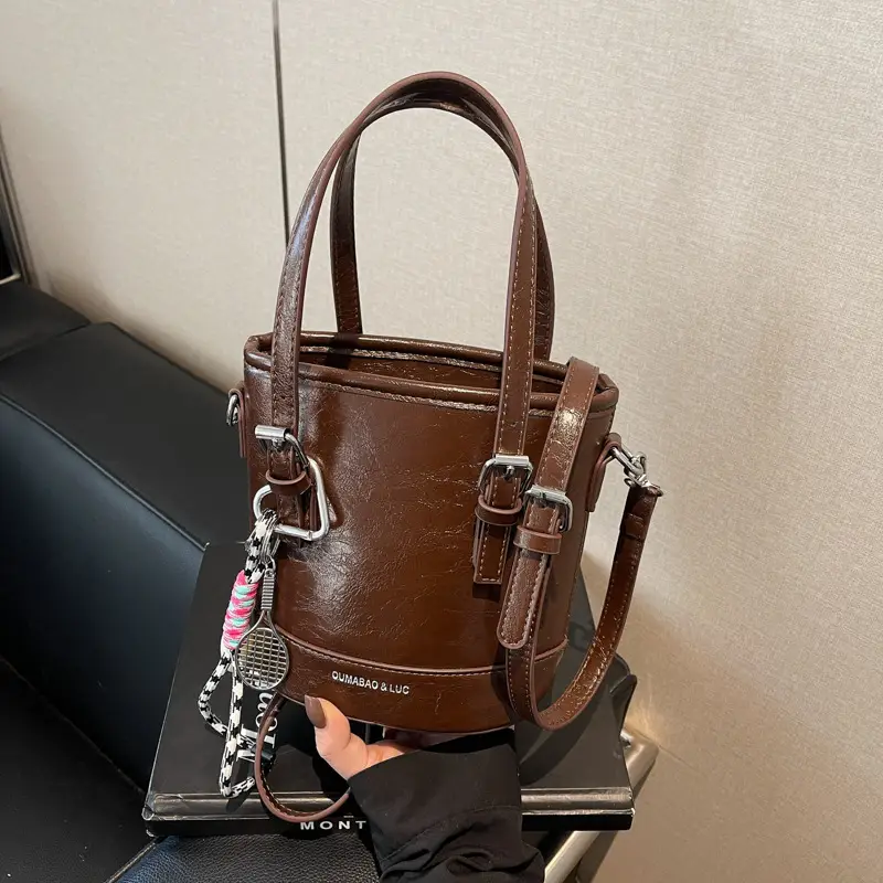 Brown Textured Shoulder Messenger Bag with Chain Strap - Image 6