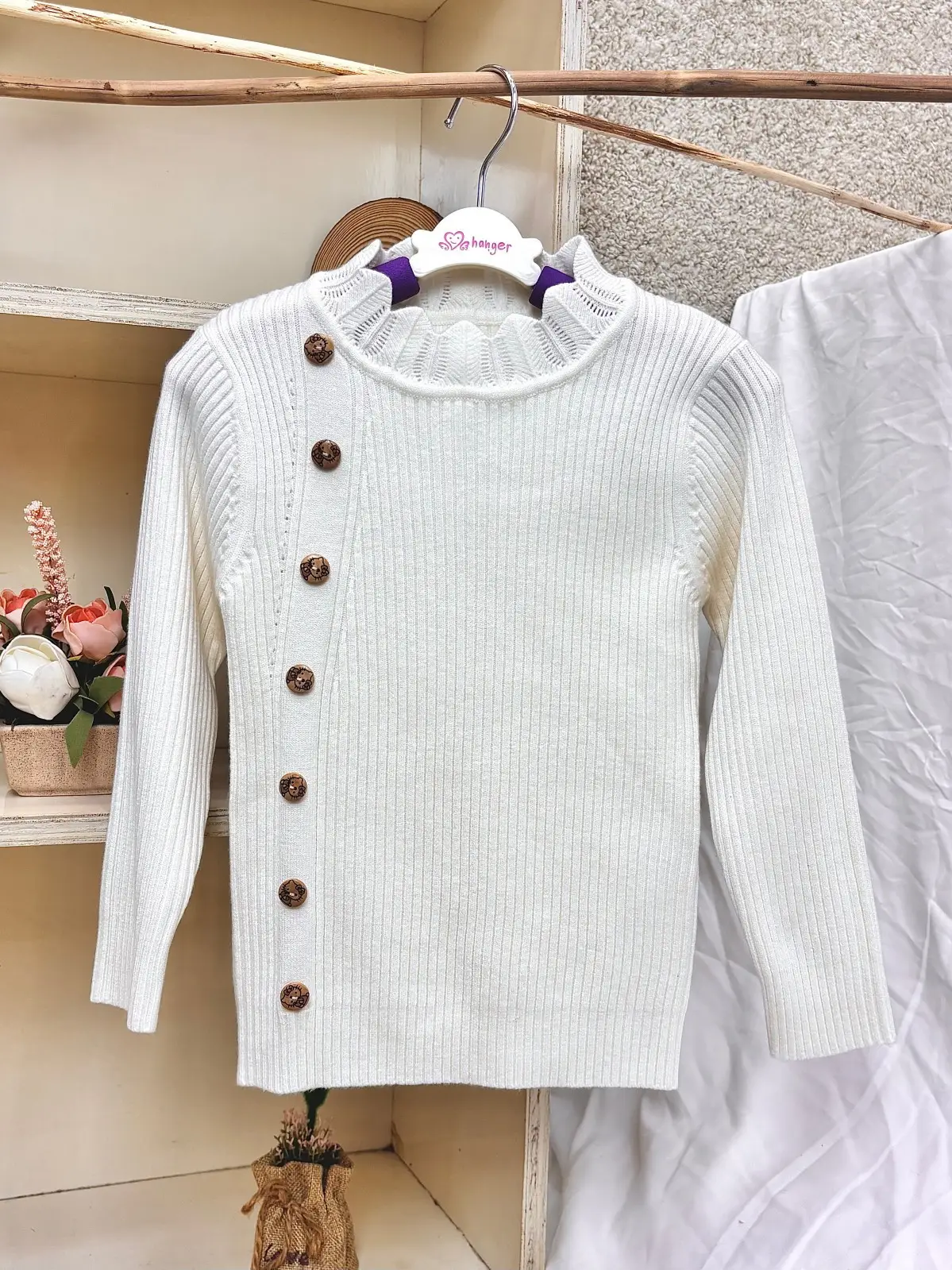 Girls Pit Button Long Sleeve Sweater Brown — feature 3