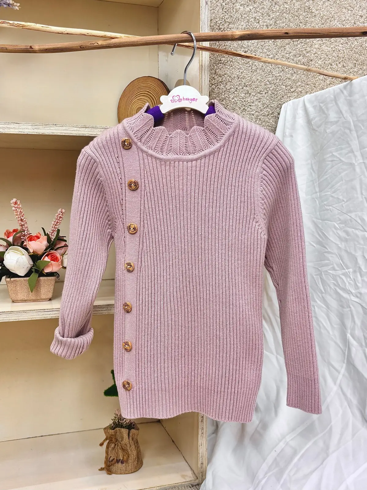 Girls Pit Button Long Sleeve Sweater Brown — feature 4