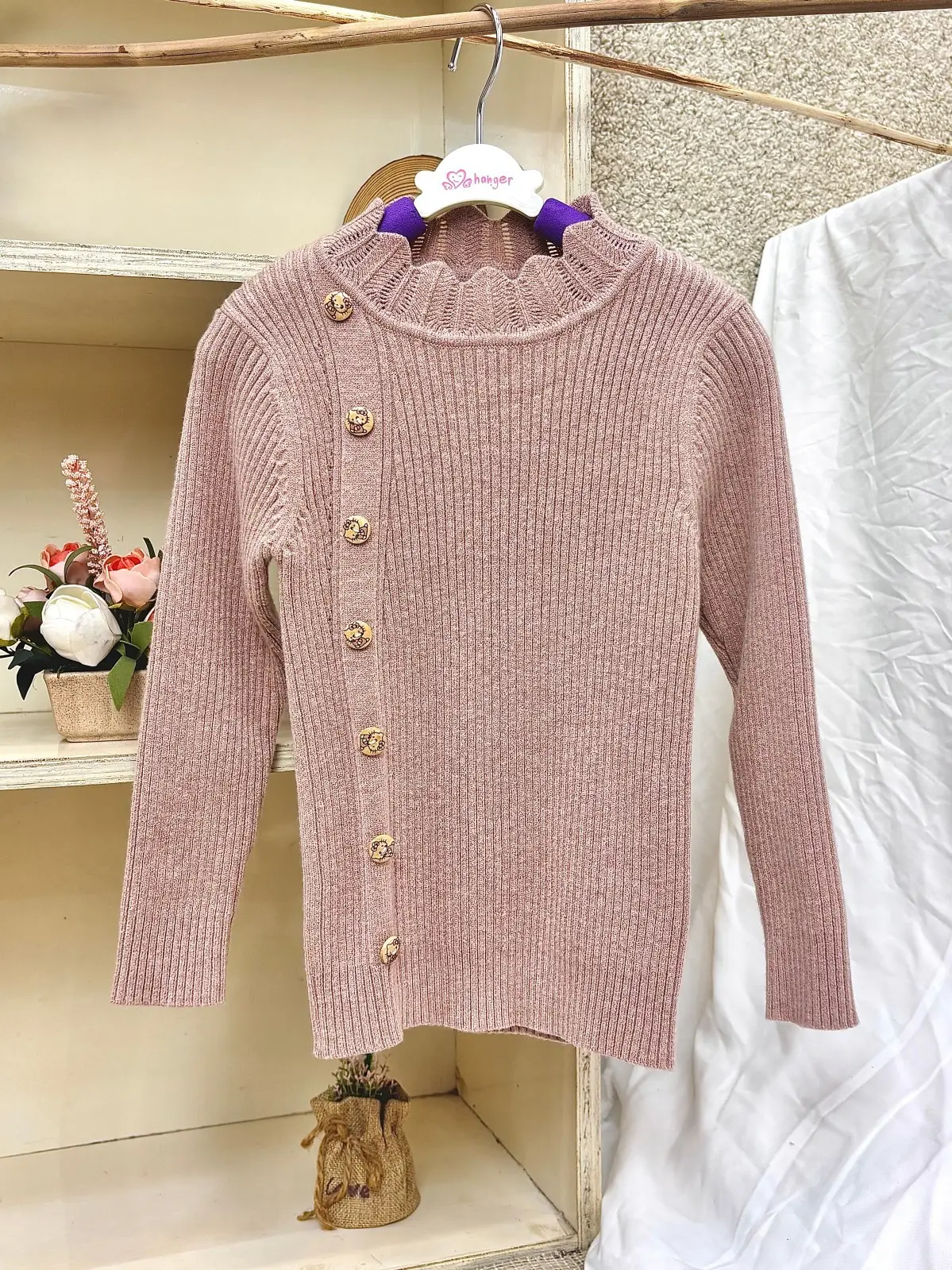 Girls Pit Button Long Sleeve Sweater Brown — feature 5