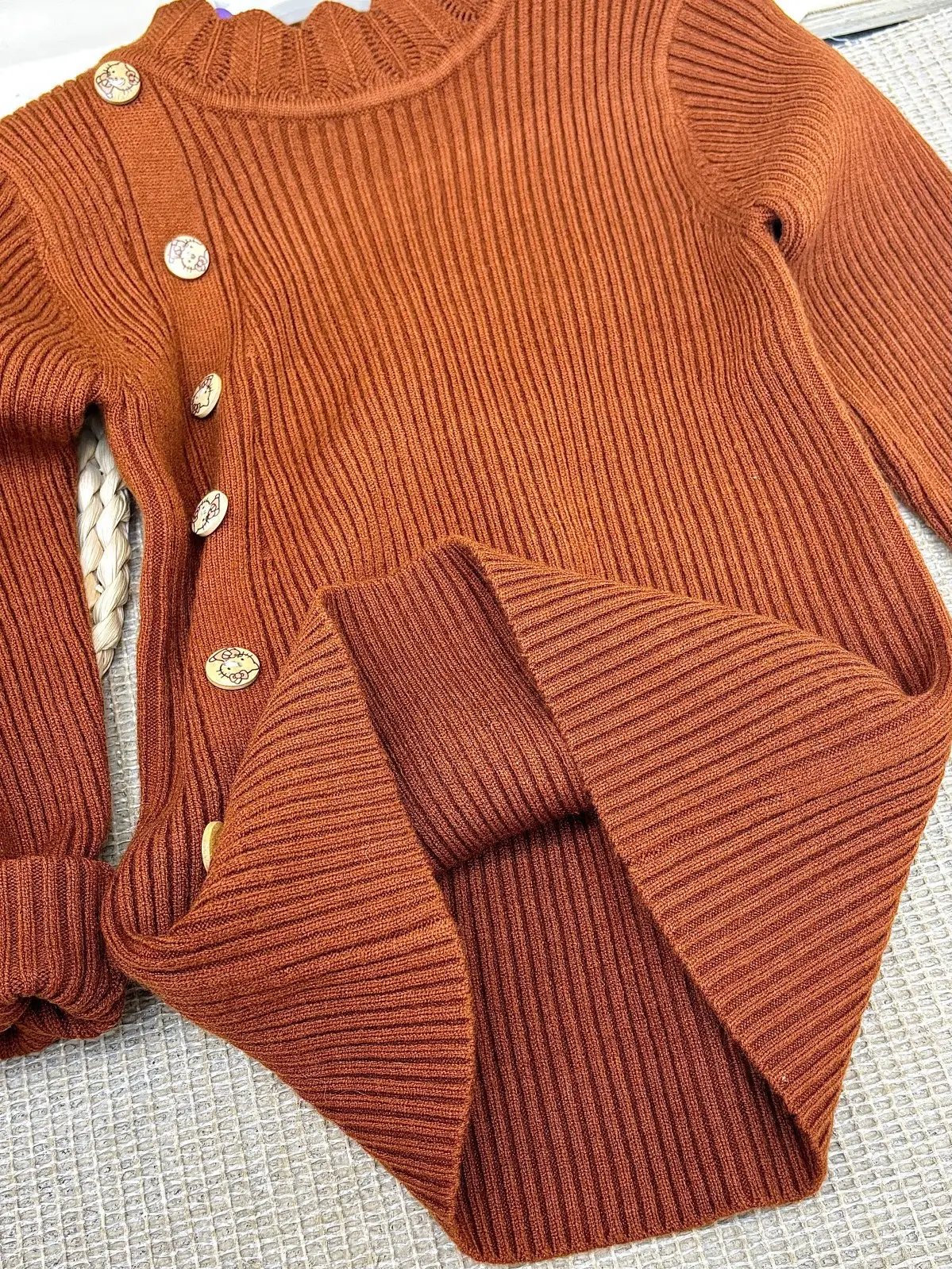 Girls Pit Button Long Sleeve Sweater Brown — feature 9