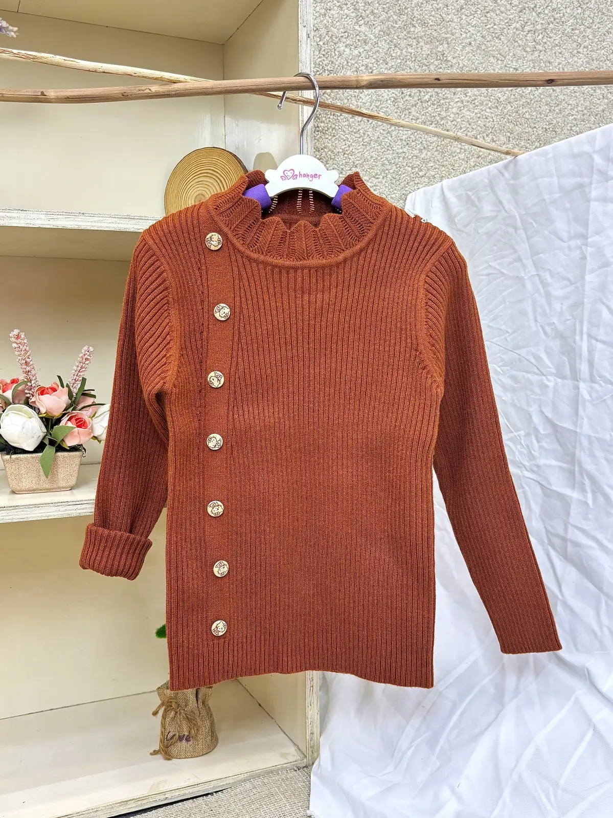 Girls Pit Button Long Sleeve Sweater Brown - Image 2