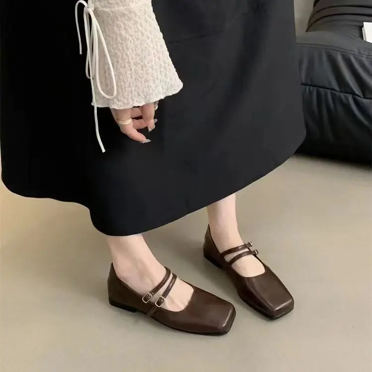 French Square Toe Small Leather Shoes for Women 2025 Spring New Versatile Design Niche Flats Mary Jane Shoes Ins Trbottom — feature 4