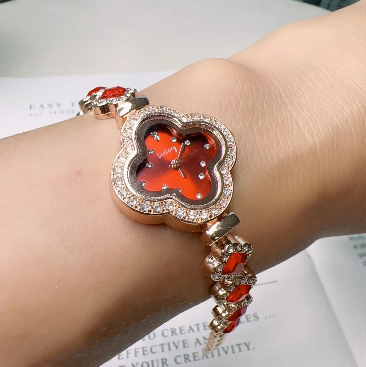 Women's Quartz Bracelet Watch with Red Diamond Set - Image 8