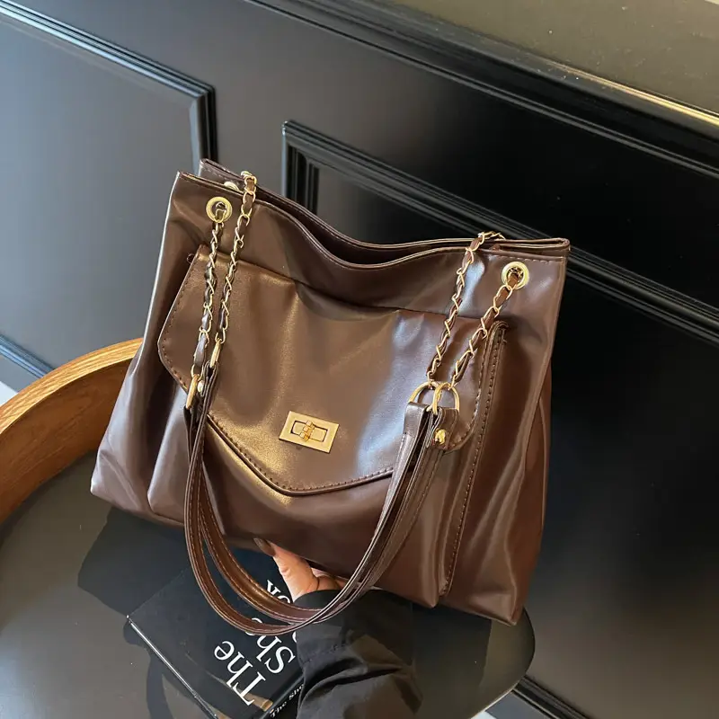 Women Vintage Chain Shoulder Bag Brown Large Capacity