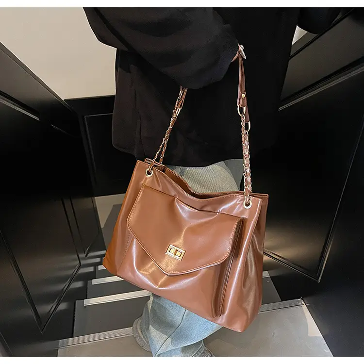 Women Vintage Chain Shoulder Bag Brown Large Capacity — feature 15