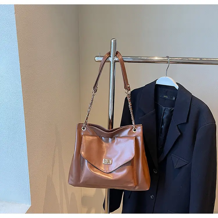 Women Vintage Chain Shoulder Bag Brown Large Capacity — feature 21