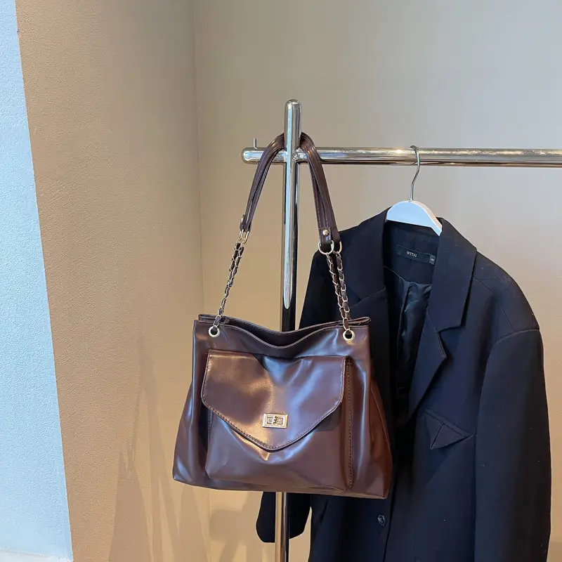 Women Vintage Chain Shoulder Bag Brown Large Capacity