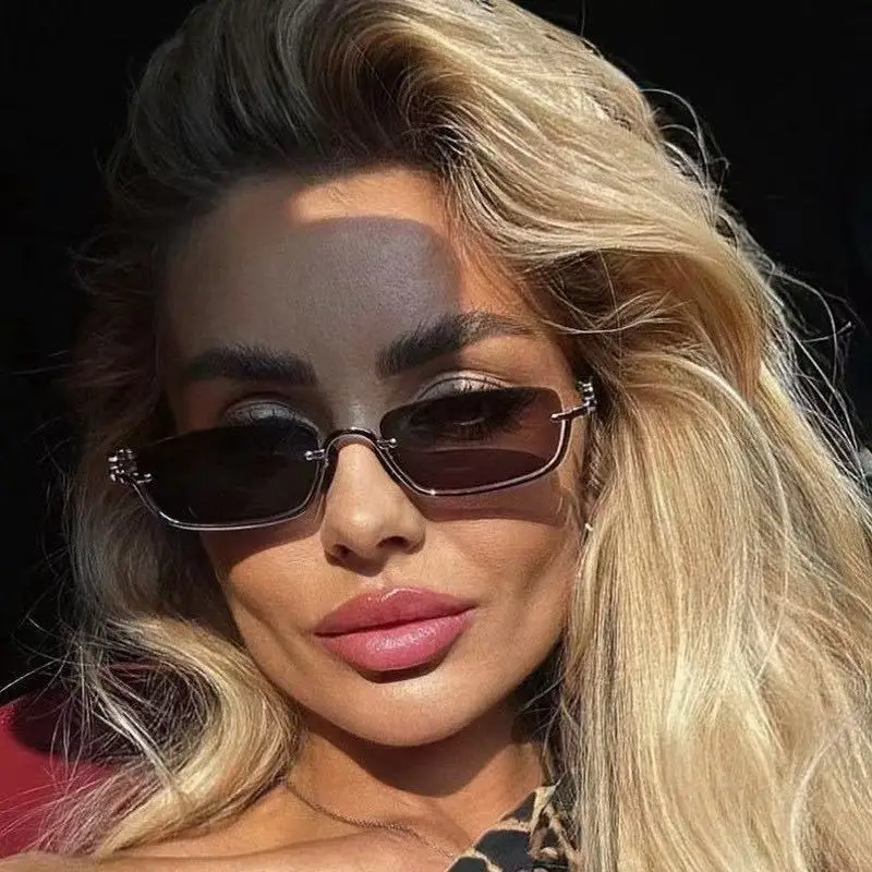 Square Narrow Frame Metal Sunglasses Brown Tinted - Image 10