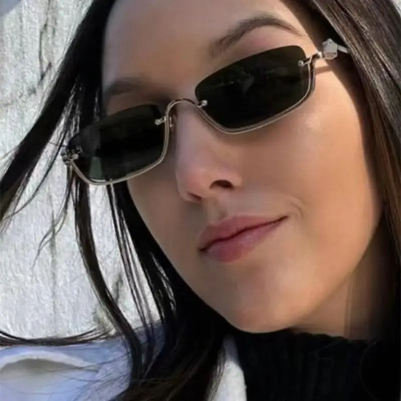 Square Narrow Frame Metal Sunglasses Brown Tinted - Image 11