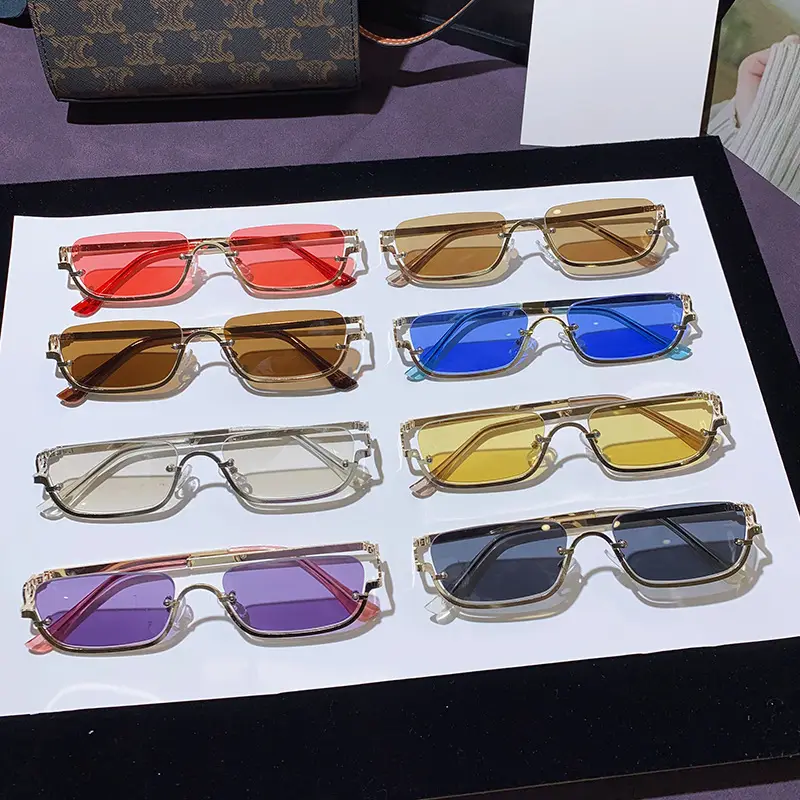 Square Narrow Frame Metal Sunglasses Brown Tinted - Image 12