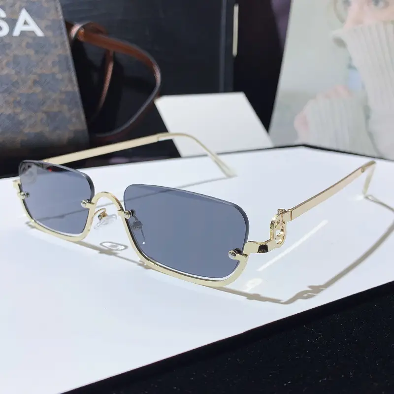 Square Narrow Frame Metal Sunglasses Brown Tinted