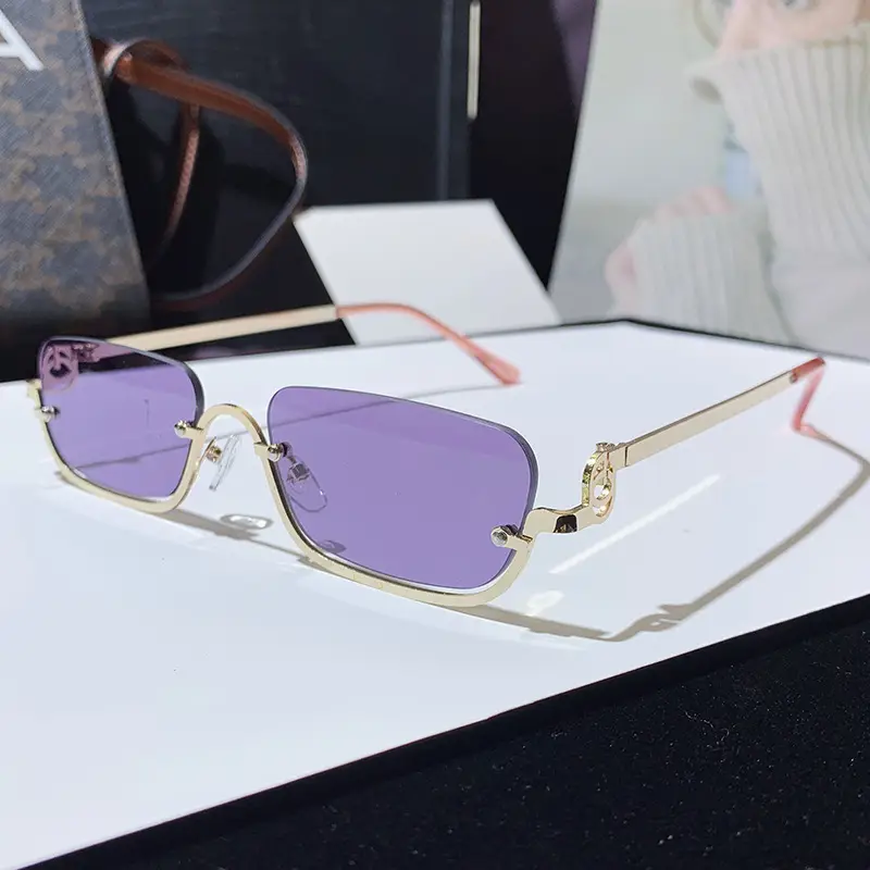 Square Narrow Frame Metal Sunglasses Brown Tinted - Image 2