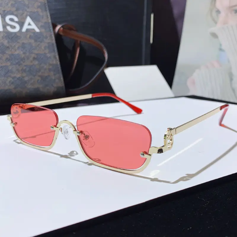 Square Narrow Frame Metal Sunglasses Brown Tinted - Image 3