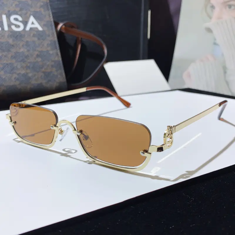 Square Narrow Frame Metal Sunglasses Brown Tinted - Image 4
