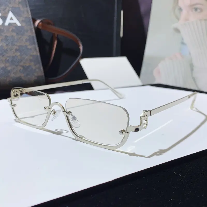 Square Narrow Frame Metal Sunglasses Brown Tinted - Image 5