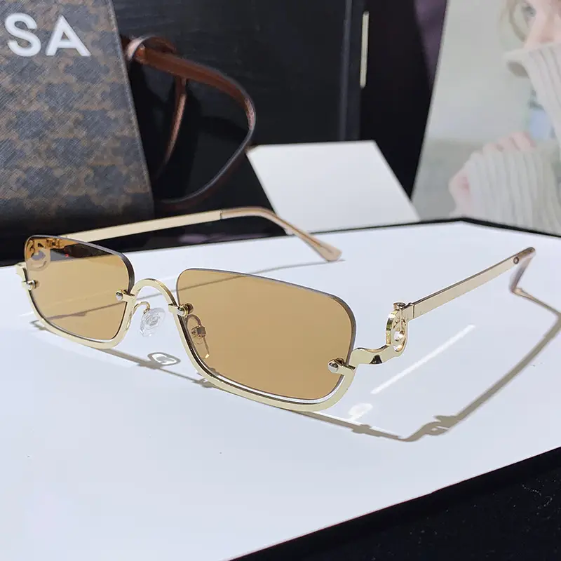 Square Narrow Frame Metal Sunglasses Brown Tinted - Image 6