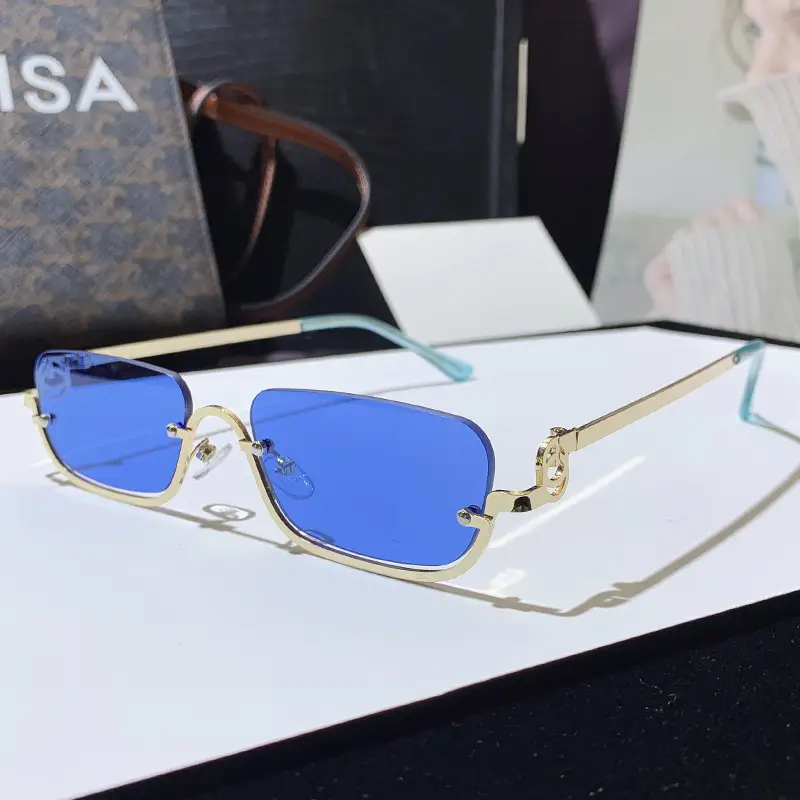 Square Narrow Frame Metal Sunglasses Brown Tinted - Image 7