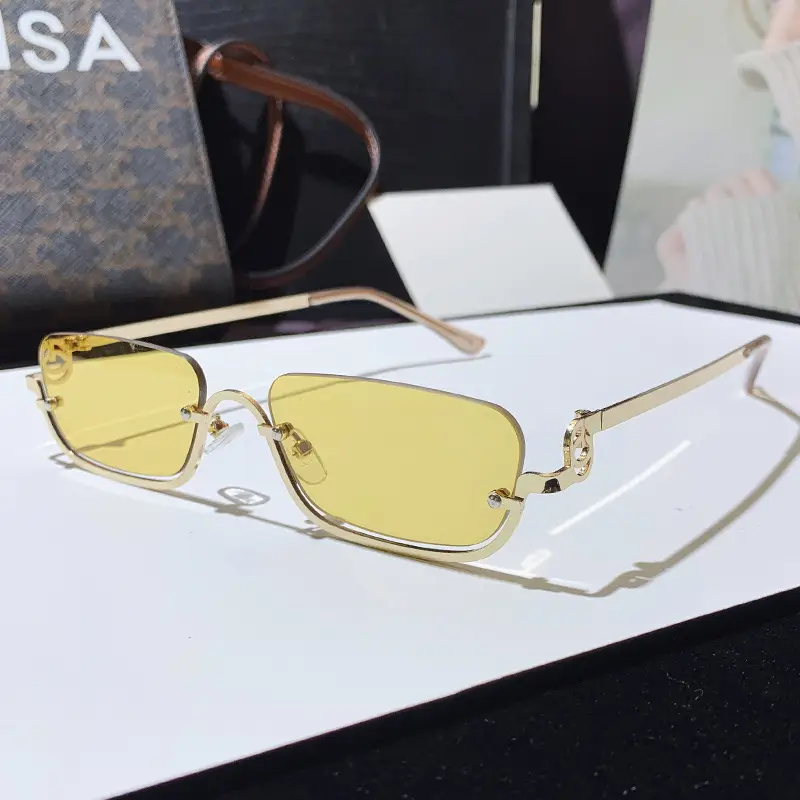 Square Narrow Frame Metal Sunglasses Brown Tinted - Image 8
