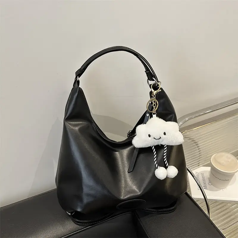 Black Soft PU Shoulder Bag with Cloud Keychain