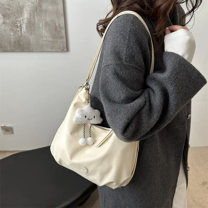 Black Soft PU Shoulder Bag with Cloud Keychain