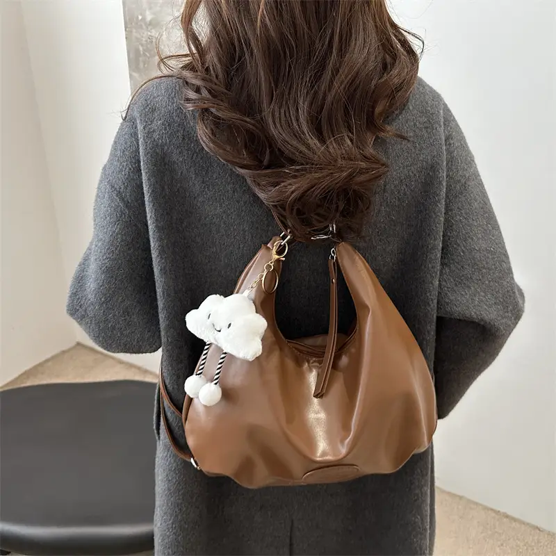 Black Soft PU Shoulder Bag with Cloud Keychain