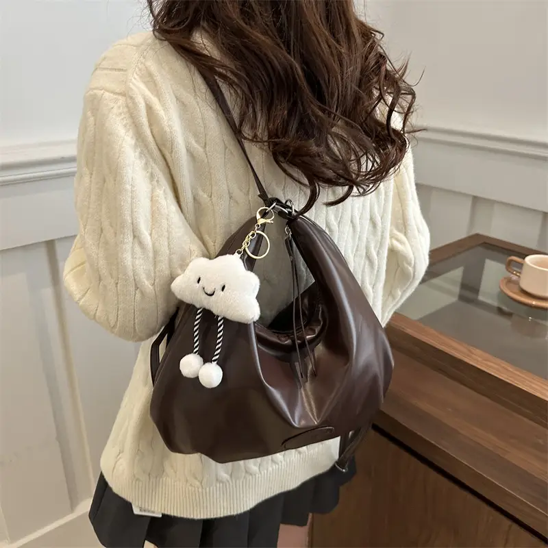 Black Soft PU Shoulder Bag with Cloud Keychain