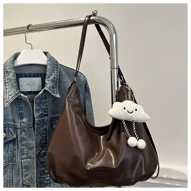 Black Soft PU Shoulder Bag with Cloud Keychain