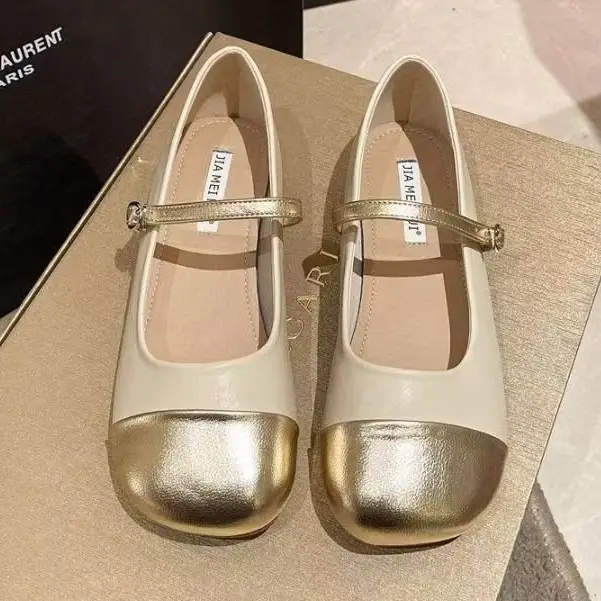 Women's Gold & Beige Mary Jane Flat Shoes 2024 - Image 4