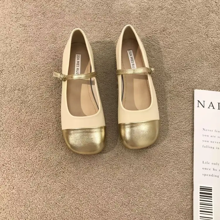 Women's Gold & Beige Mary Jane Flat Shoes 2024 - Image 5