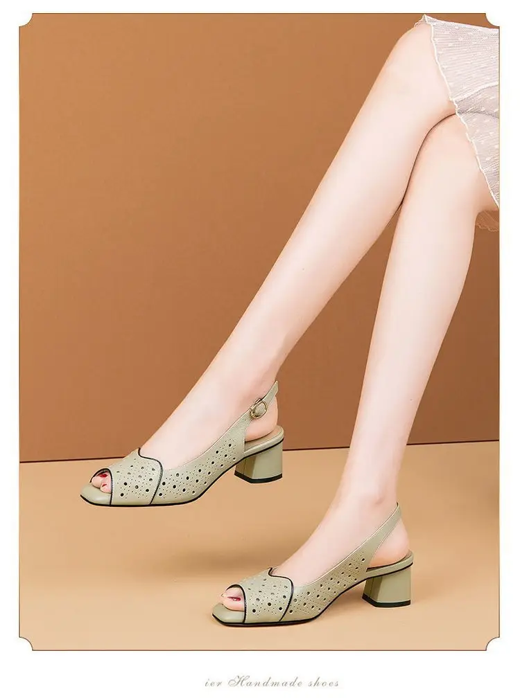 Vacated All-match Chic Heel Fashionable Hollow Fish-mouth Sandals Women's 2025 Summer New Mid-heel Buckle Sandals — feature 7