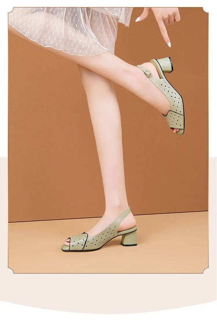 Vacated All-match Chic Heel Fashionable Hollow Fish-mouth Sandals Women's 2025 Summer New Mid-heel Buckle Sandals — feature 9