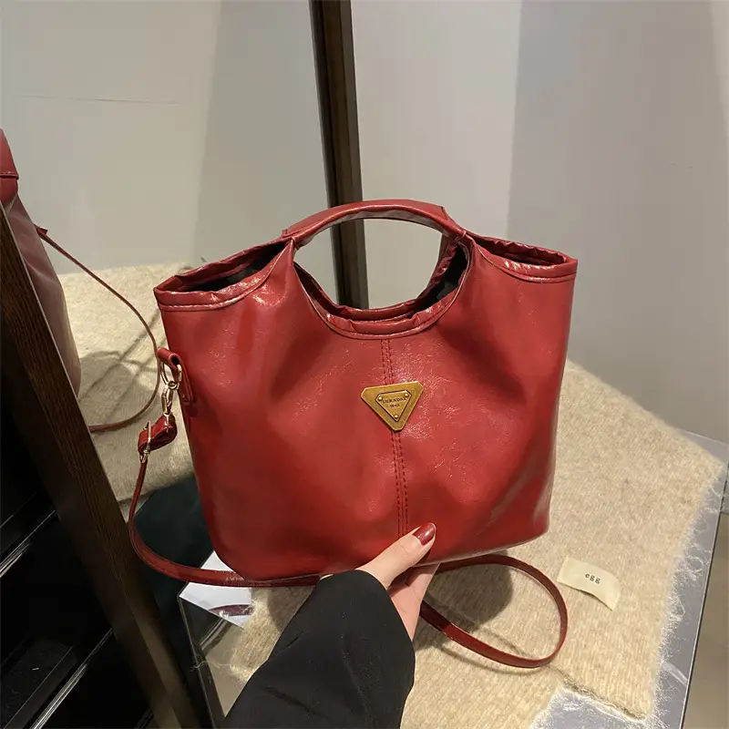 Red Leather Shoulder Bag with Gold Logo for Women