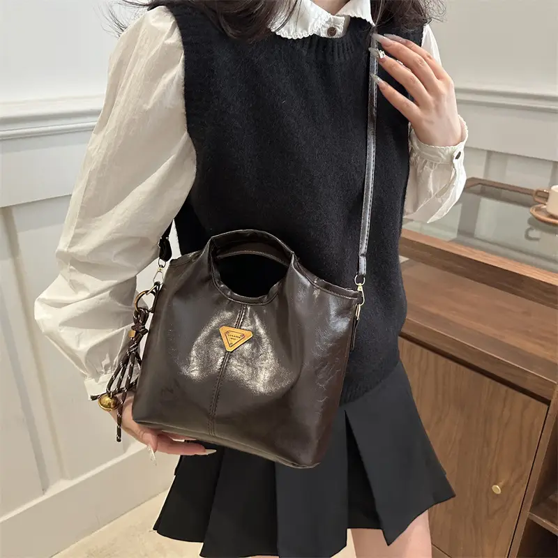 Red Leather Shoulder Bag with Gold Logo for Women