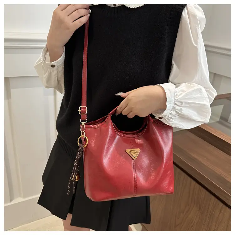 Red Leather Shoulder Bag with Gold Logo for Women — feature 13