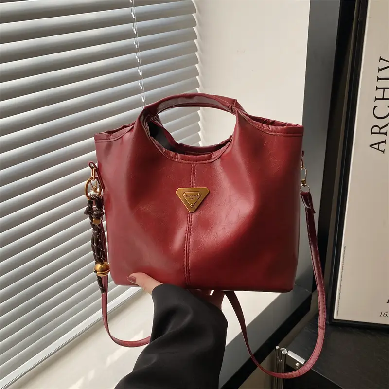 Red Leather Shoulder Bag with Gold Logo for Women