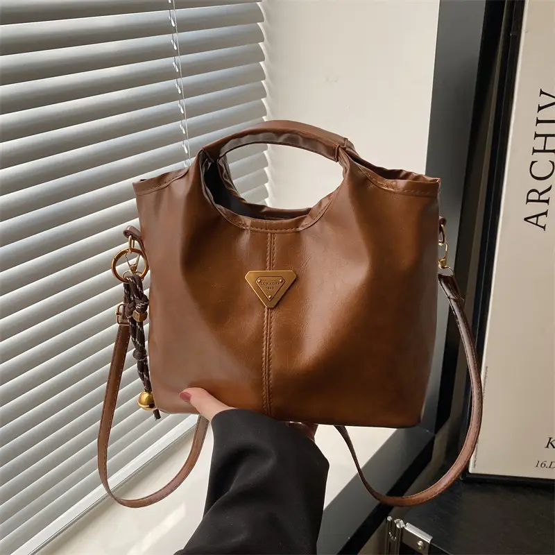Red Leather Shoulder Bag with Gold Logo for Women