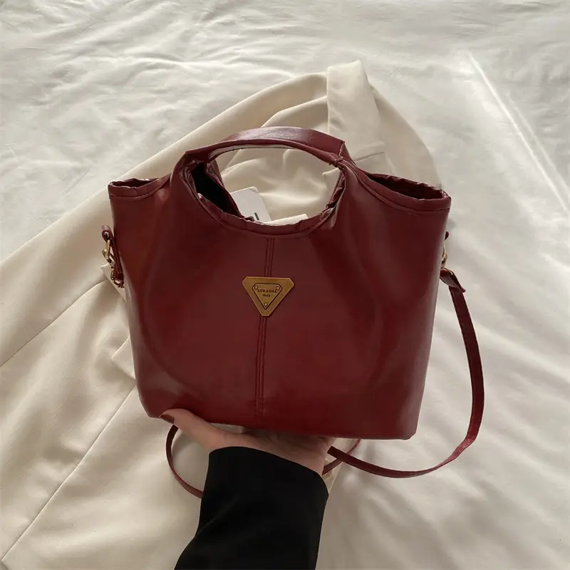 Red Leather Shoulder Bag with Gold Logo for Women