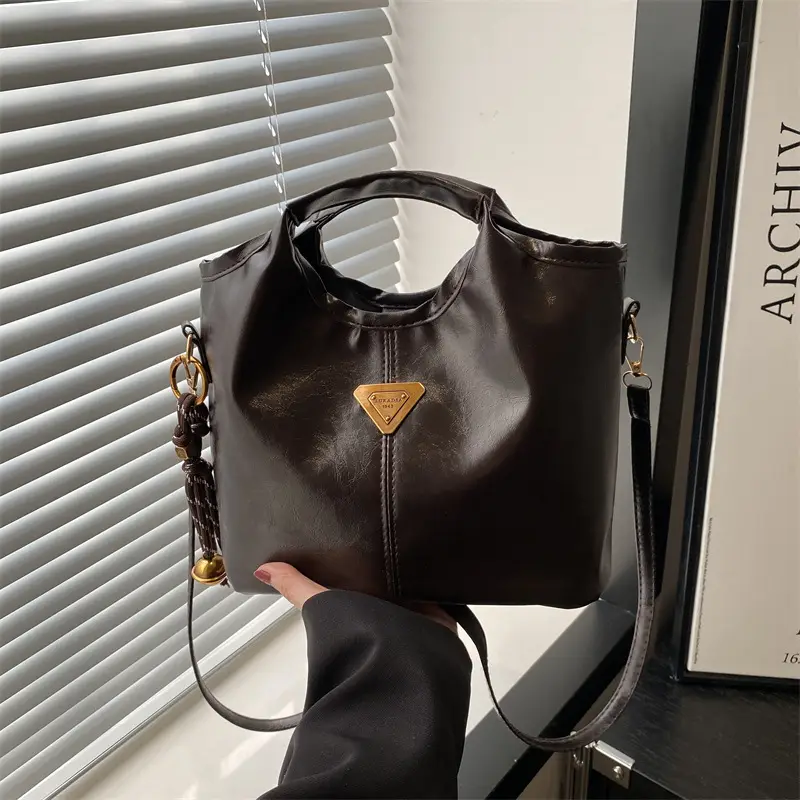 Red Leather Shoulder Bag with Gold Logo for Women