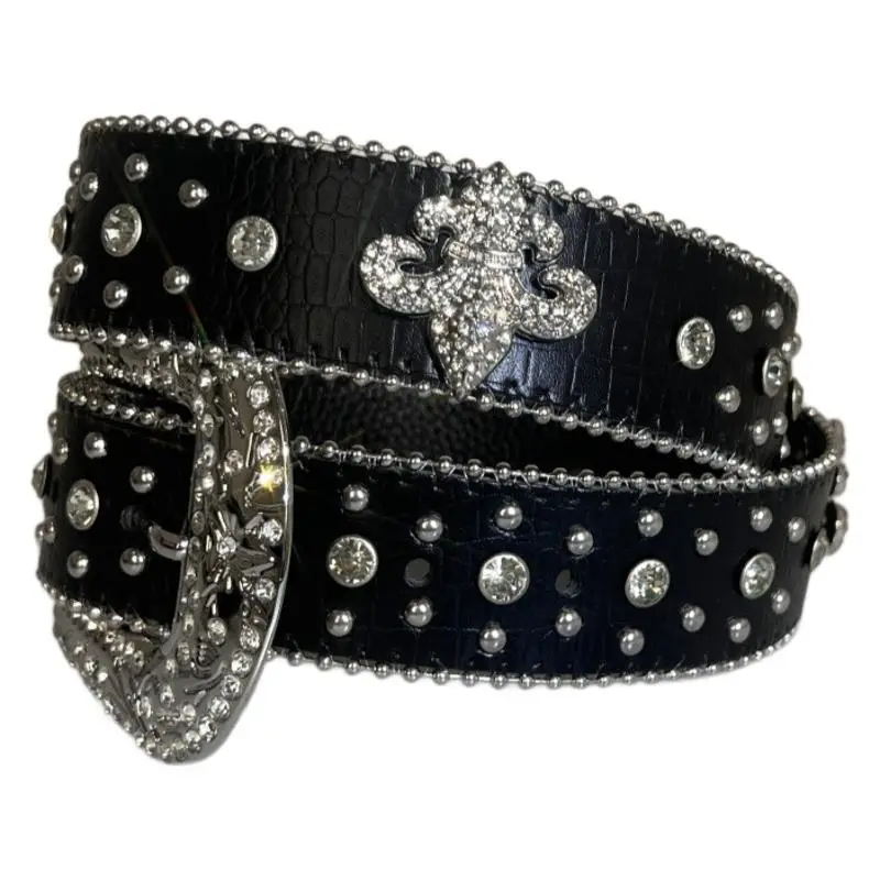 Black Rhinestone Belt with Cross-Over Diamond Studded Design - Image 5