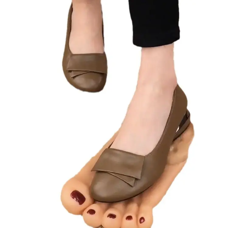Women's Brown Leather Heel Sandals All Match Elegant Soft Sole