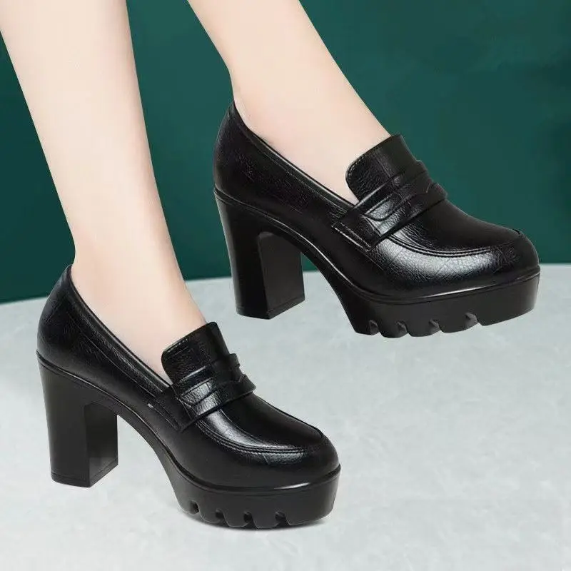 Middle-aged and elderly cheongsam model catwalk shoes waterproof platform 8cm large thick heel high heel women's shoes thick bottom soft leather round toe single-layer shoes - Image 2