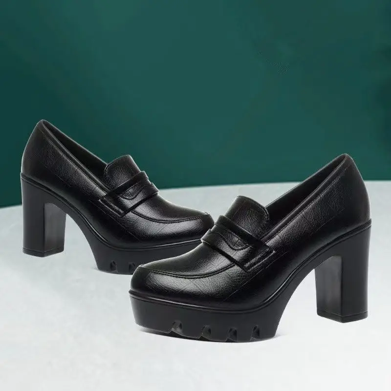 Middle-aged and elderly cheongsam model catwalk shoes waterproof platform 8cm large thick heel high heel women's shoes thick bottom soft leather round toe single-layer shoes - Image 4