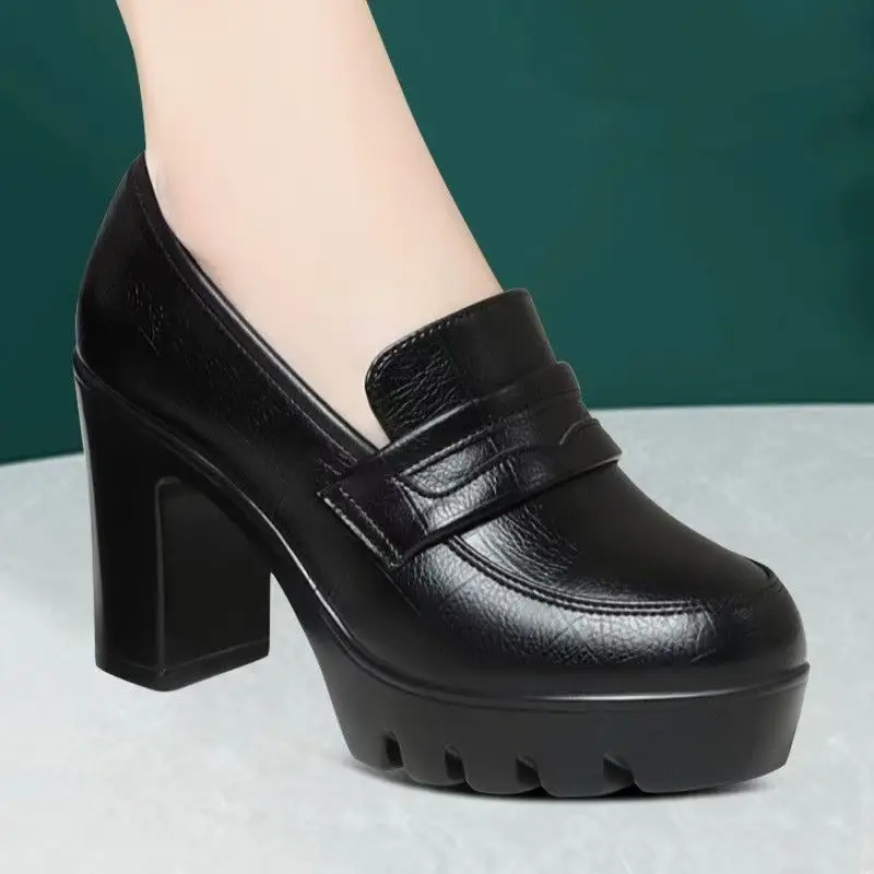 Middle-aged and elderly cheongsam model catwalk shoes waterproof platform 8cm large thick heel high heel women's shoes thick bottom soft leather round toe single-layer shoes - Image 5