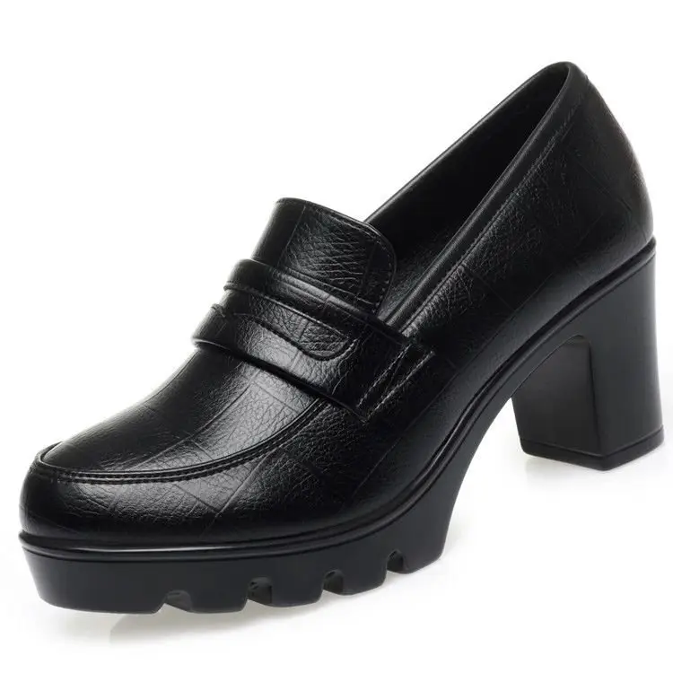 Middle-aged and elderly cheongsam model catwalk shoes waterproof platform 8cm large thick heel high heel women's shoes thick bottom soft leather round toe single-layer shoes - Image 6
