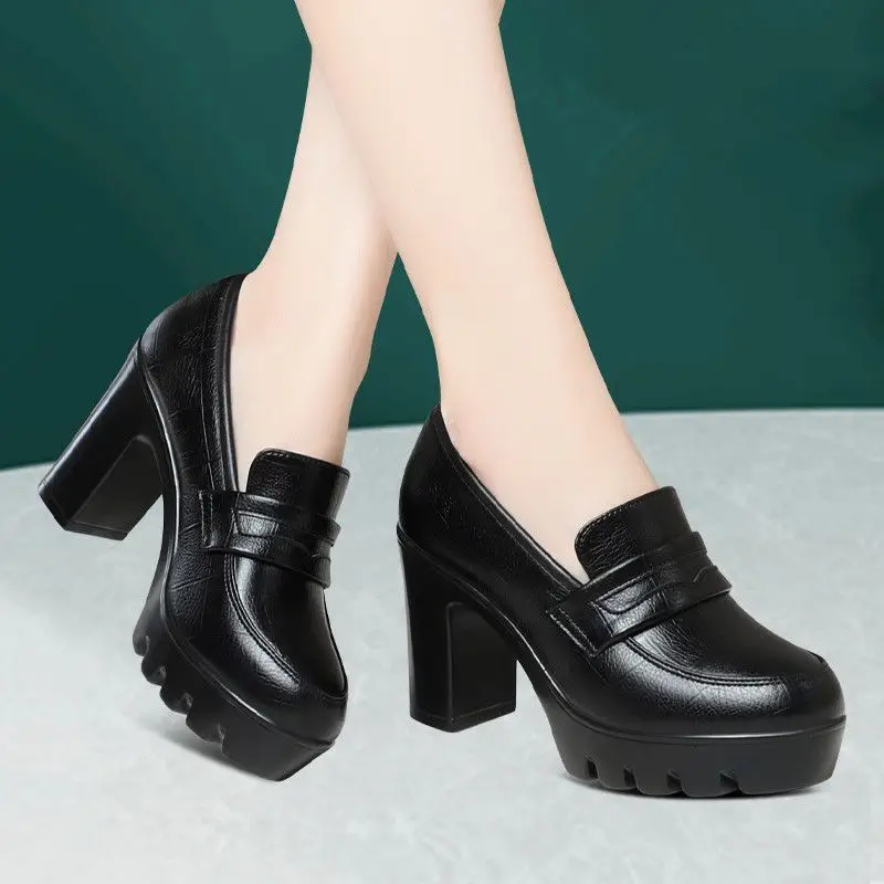 Middle-aged and elderly cheongsam model catwalk shoes waterproof platform 8cm large thick heel high heel women's shoes thick bottom soft leather round toe single-layer shoes — feature 3